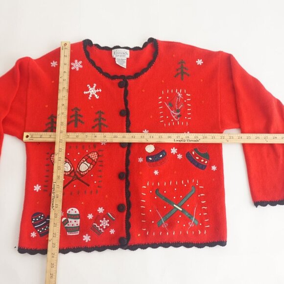 Vtg Basic Holiday Editions Red Embroidered Winter Button Up Cardigan Sweater L - Picture 4 of 12